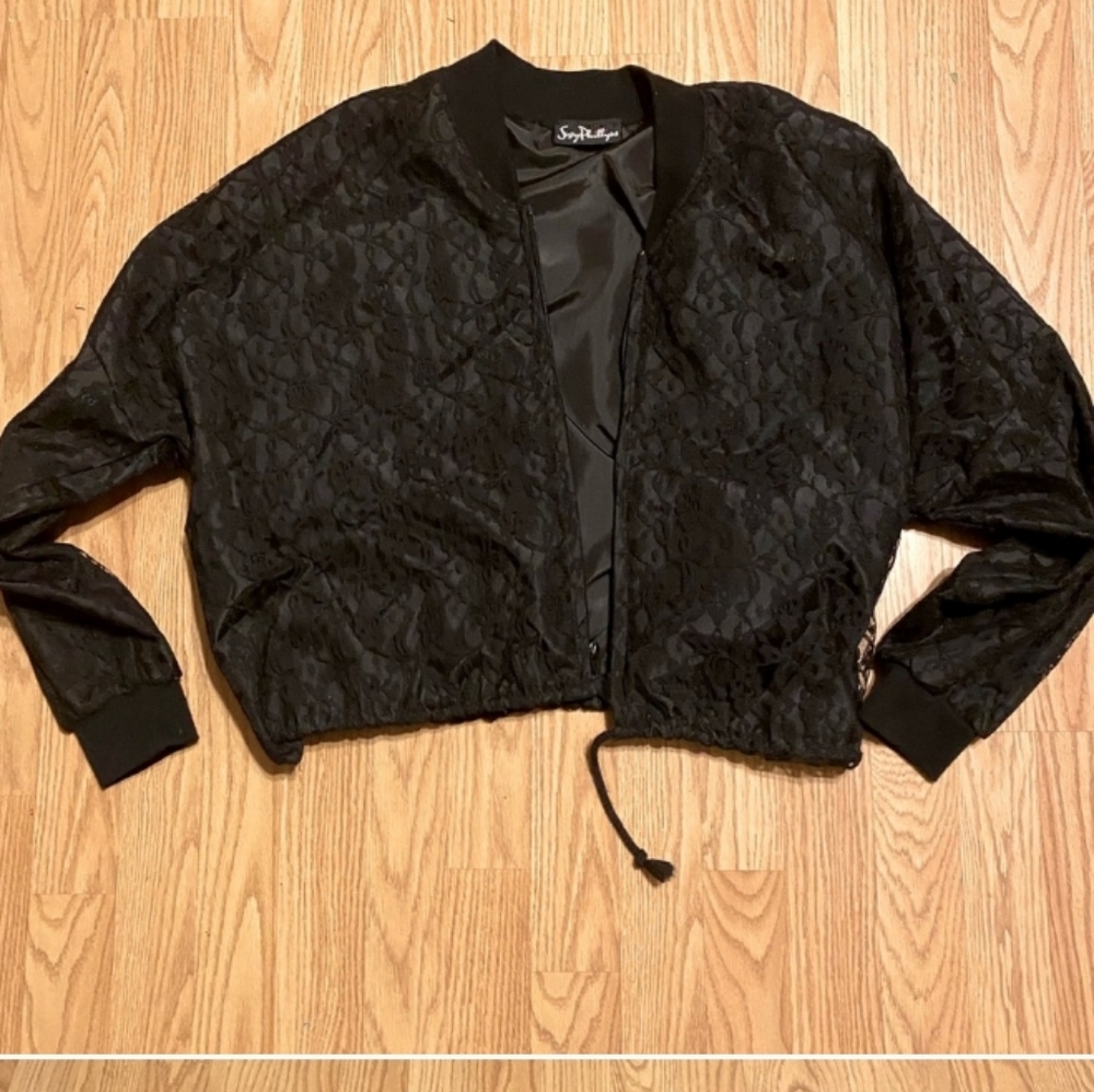 Oversized Zip Up Black Lace Windbreaker Jacket